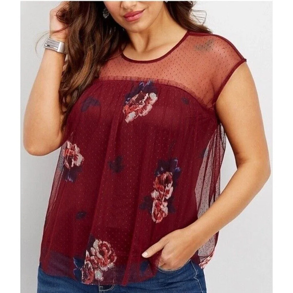 Maurices Burgundy Maroon Floral Net Mesh Lace Lined Blouse Top Size Large - Picture 1 of 9